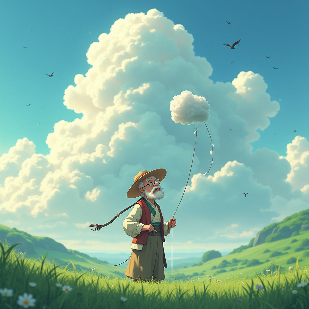 Old Man Gazing at Clouds in Anime Style