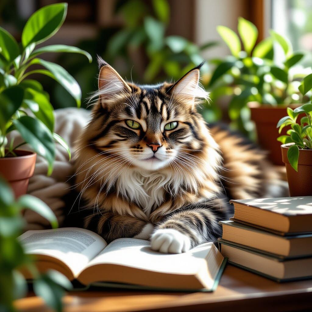 Millennial Cat Relaxing in Cozy Workspace: Hyperrealistic Ph...