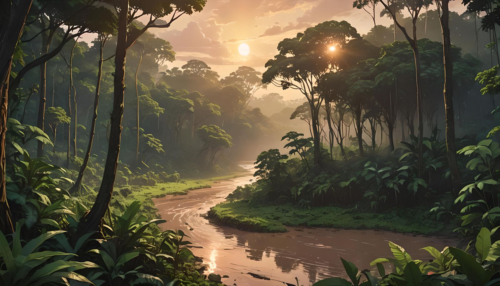 Lush Amazon Jungle Sunset in Anime Style