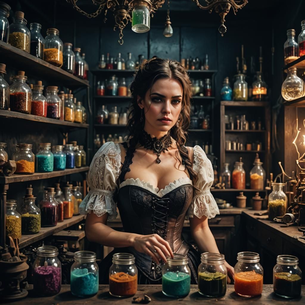 Young Alchemist in Her Studio: Cinematic Portrait