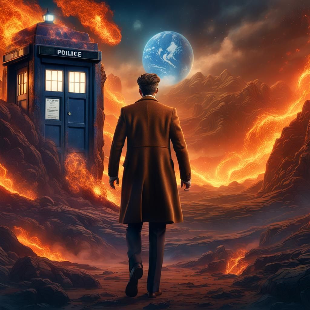 Blue Police Box on Flaming Planet, Fantasy Art