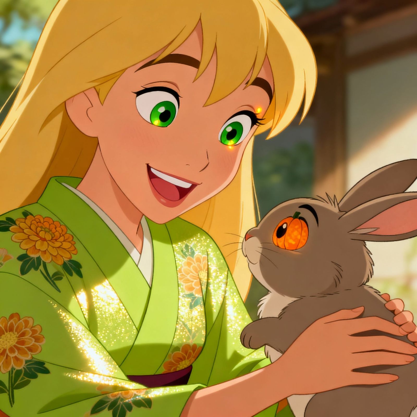 Blonde Japanese Woman in Lime Kimono, Disney Animation Style