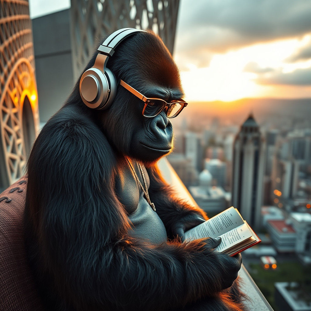 Gorilla Reading on MASP Rooftop in Hyperrealistic Style