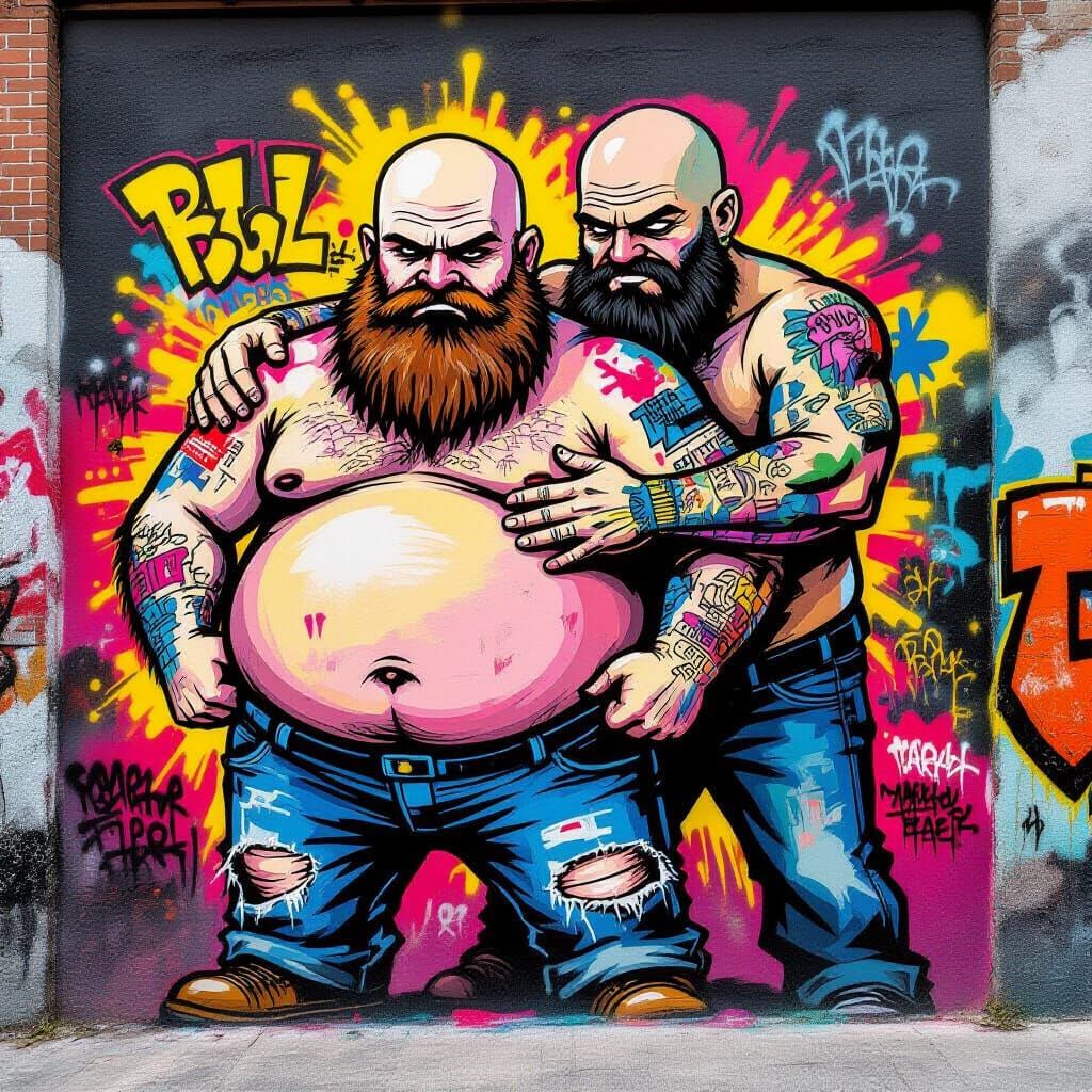 Punk Graffiti Mural of Two Embracing Bearded Men