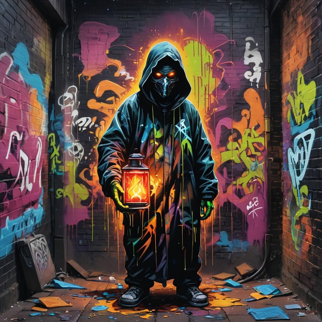 Mysterious Figure Holding Cursed Object in Graffiti Art