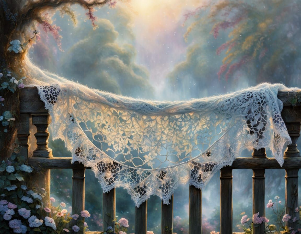 Ethereal Lacy Knit Wool Shawl Hanging on Fence