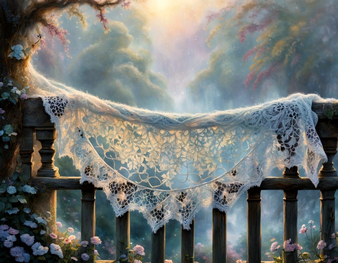Ethereal Lacy Knit Wool Shawl Hanging on Fence