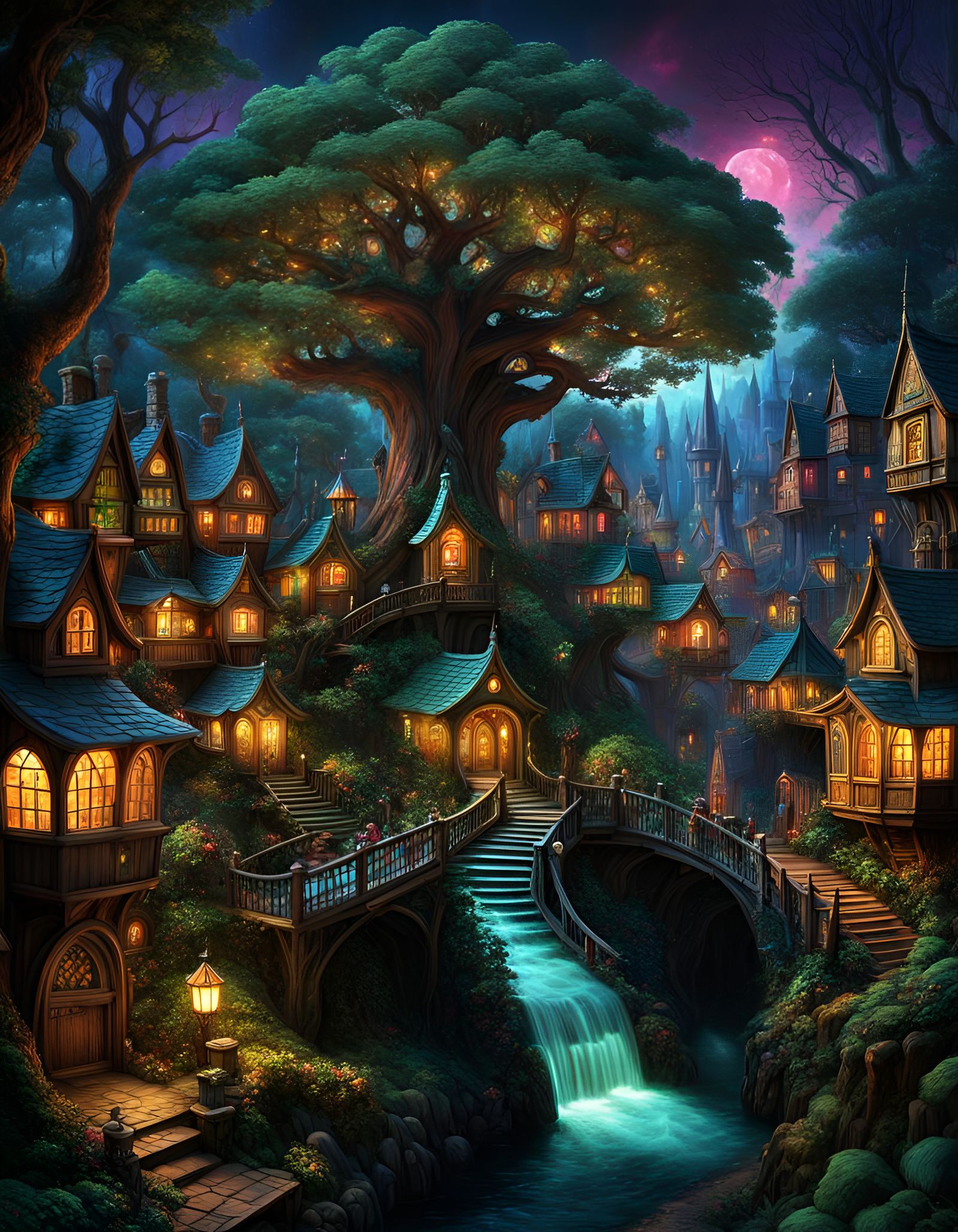 Magical Fairytale Village Optical Illusion in Steampunk Styl...
