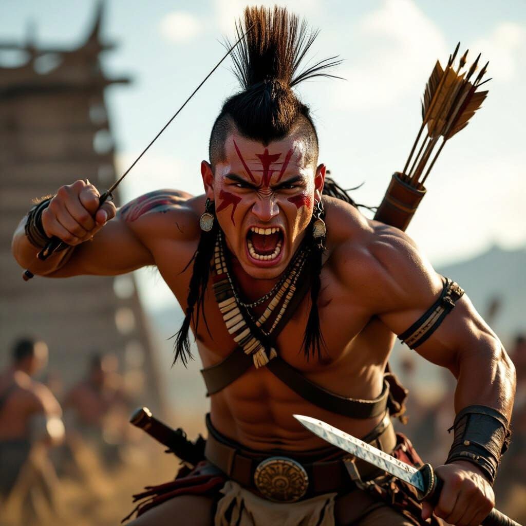 Native American Warrior Screams in Battle