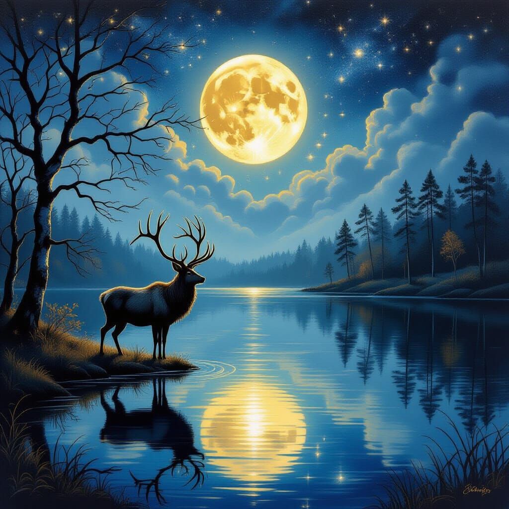 Majestic Stag by Moonlit Lake with Cosmic Sky