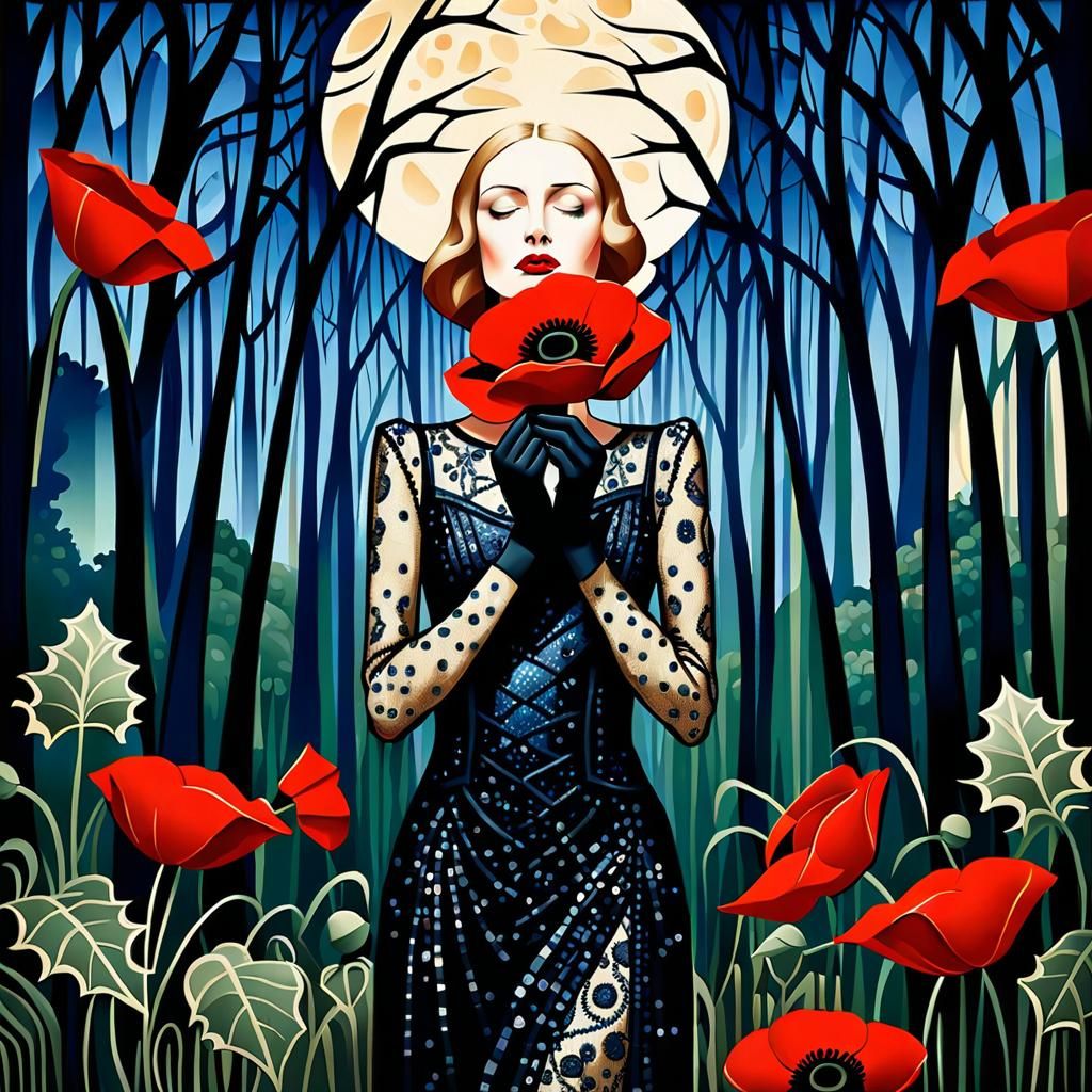 Surreal Woman with Poppy in Art Deco Style