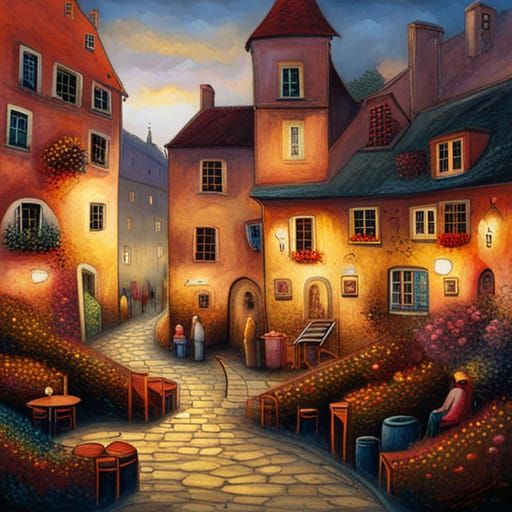 German Courtyard Scene in Golden Hour Light