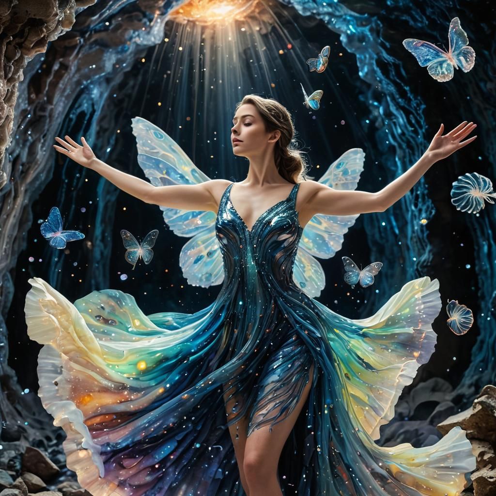 Bioluminescent Cavern: Elegant Dancer in Neon Ink Splatter A...