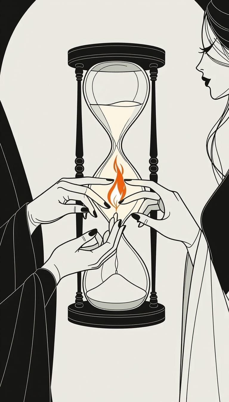 Minimalist Hands Touching Flame: Black and White Line Art