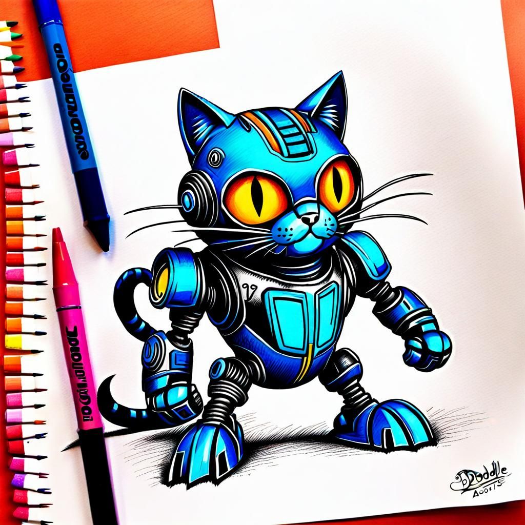 Biopunk Cat as Kids Crayon Doodle