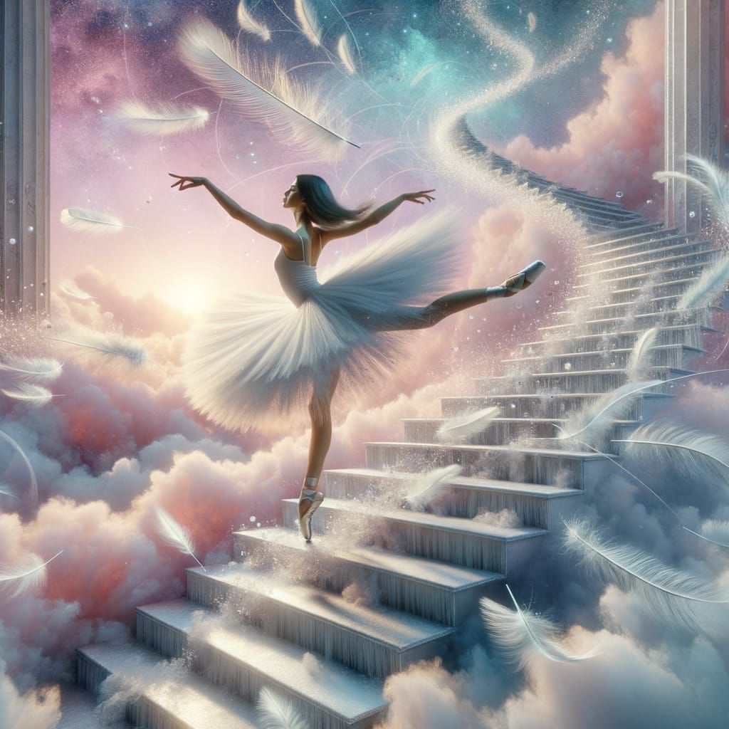 Ballet Dancer on Feather Stairs in Dreamy Sky