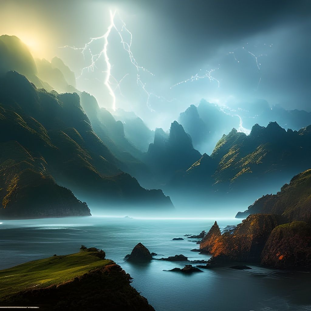 Brilliant Lightning Storm at Sea Under Starry Sky