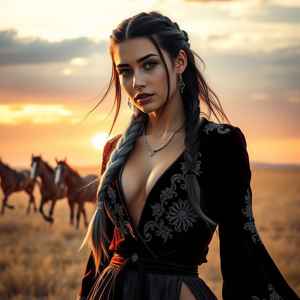 Kazakh Woman Portrait on Windswept Steppe