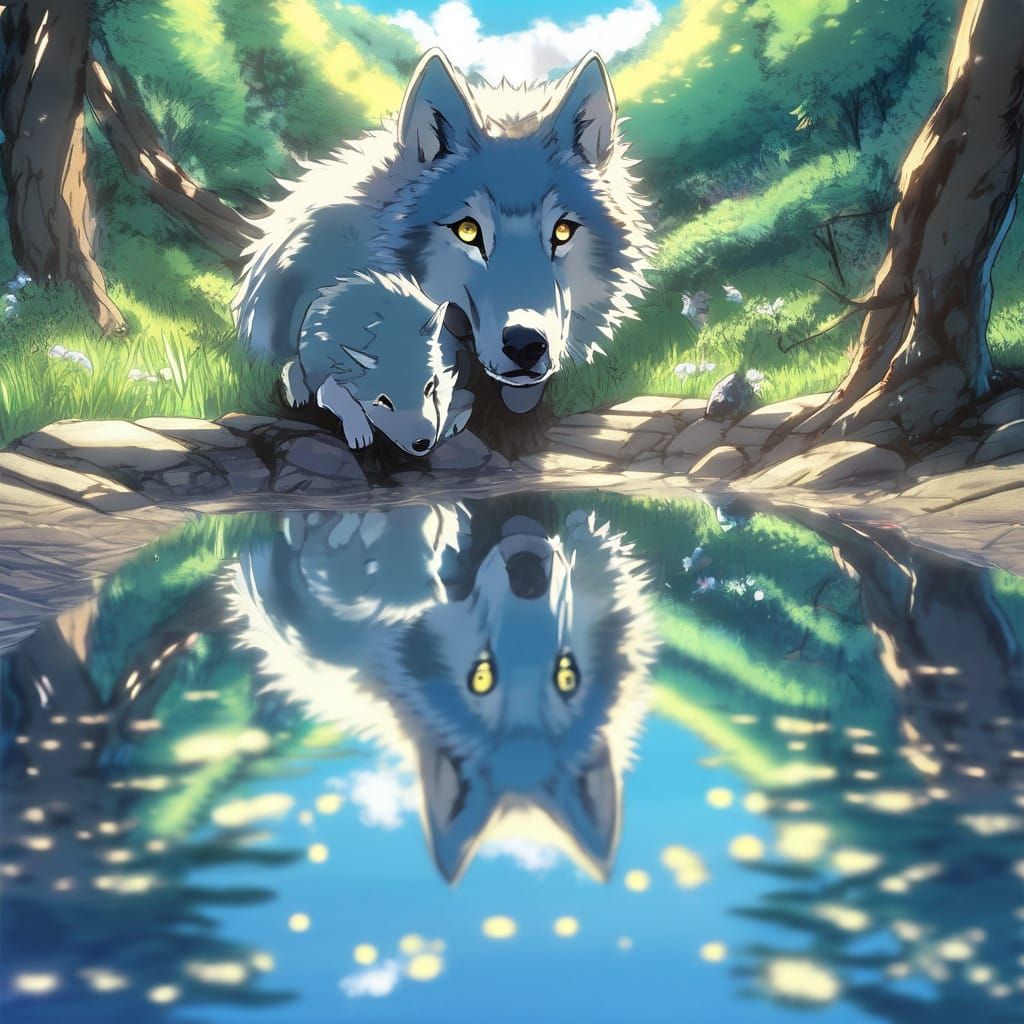Whimsical Anime Wolf and Puppy by a Sparkling Puddle