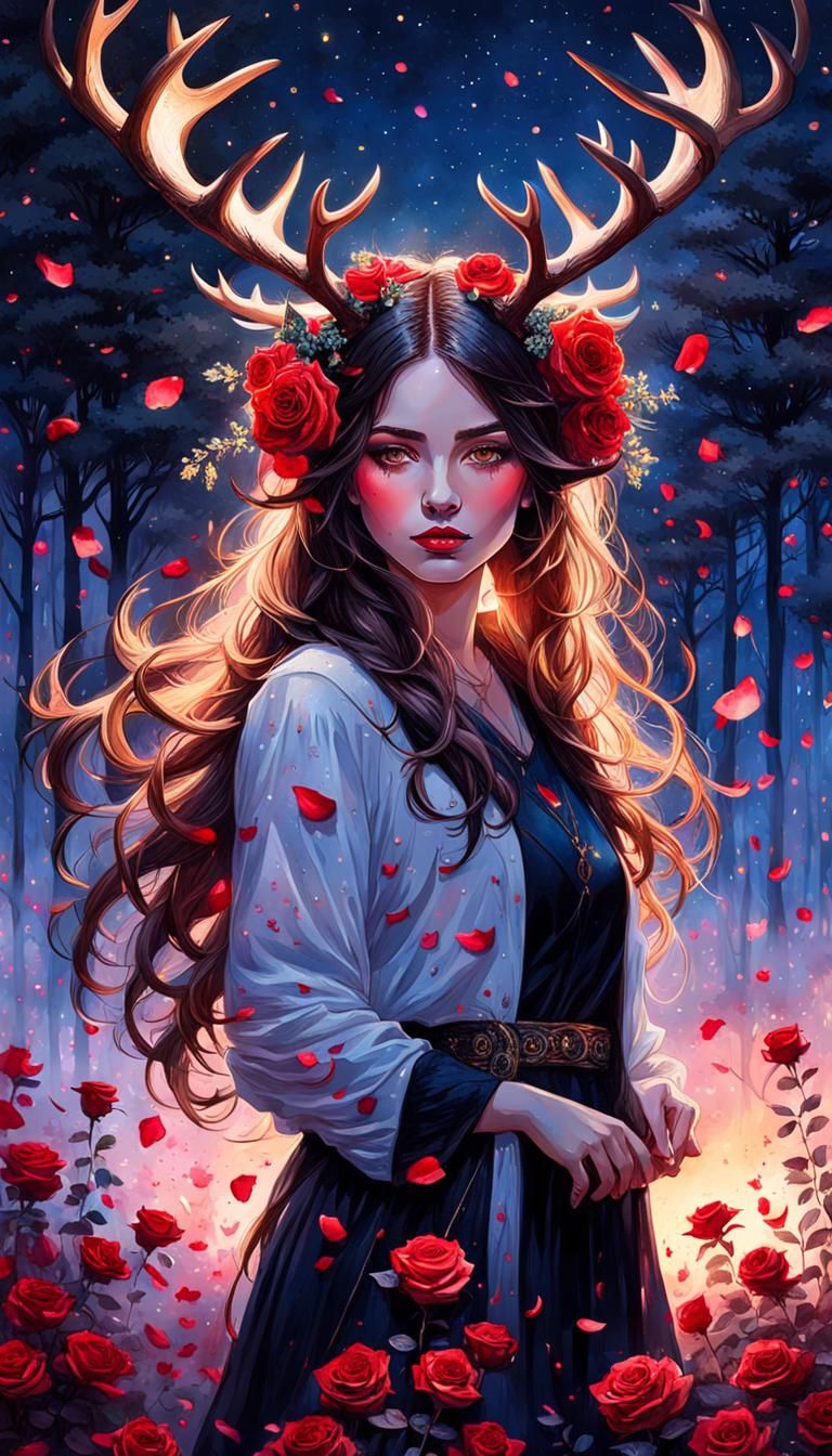 Girl with Rose Antlers in Sunset, Fantasy Portrait