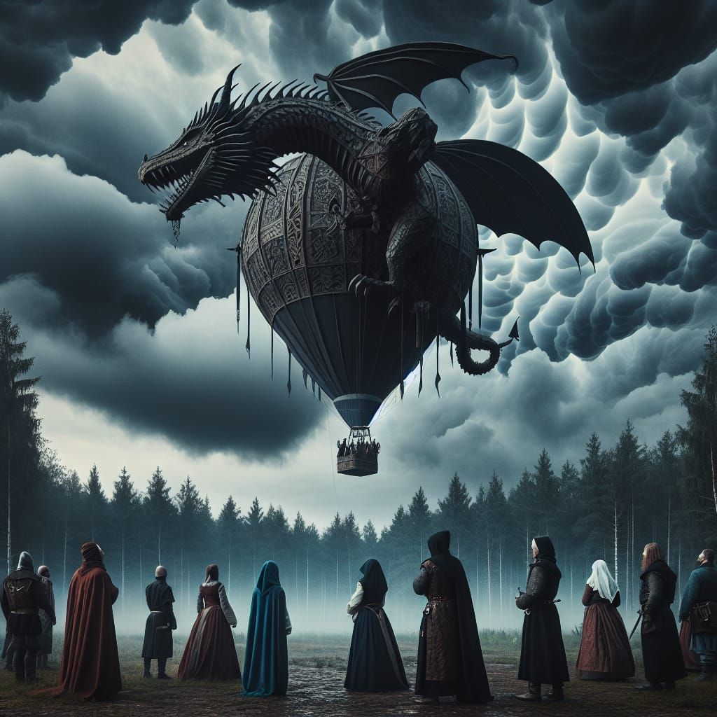 Medieval Dragon Airship Over Village on Stormy Day