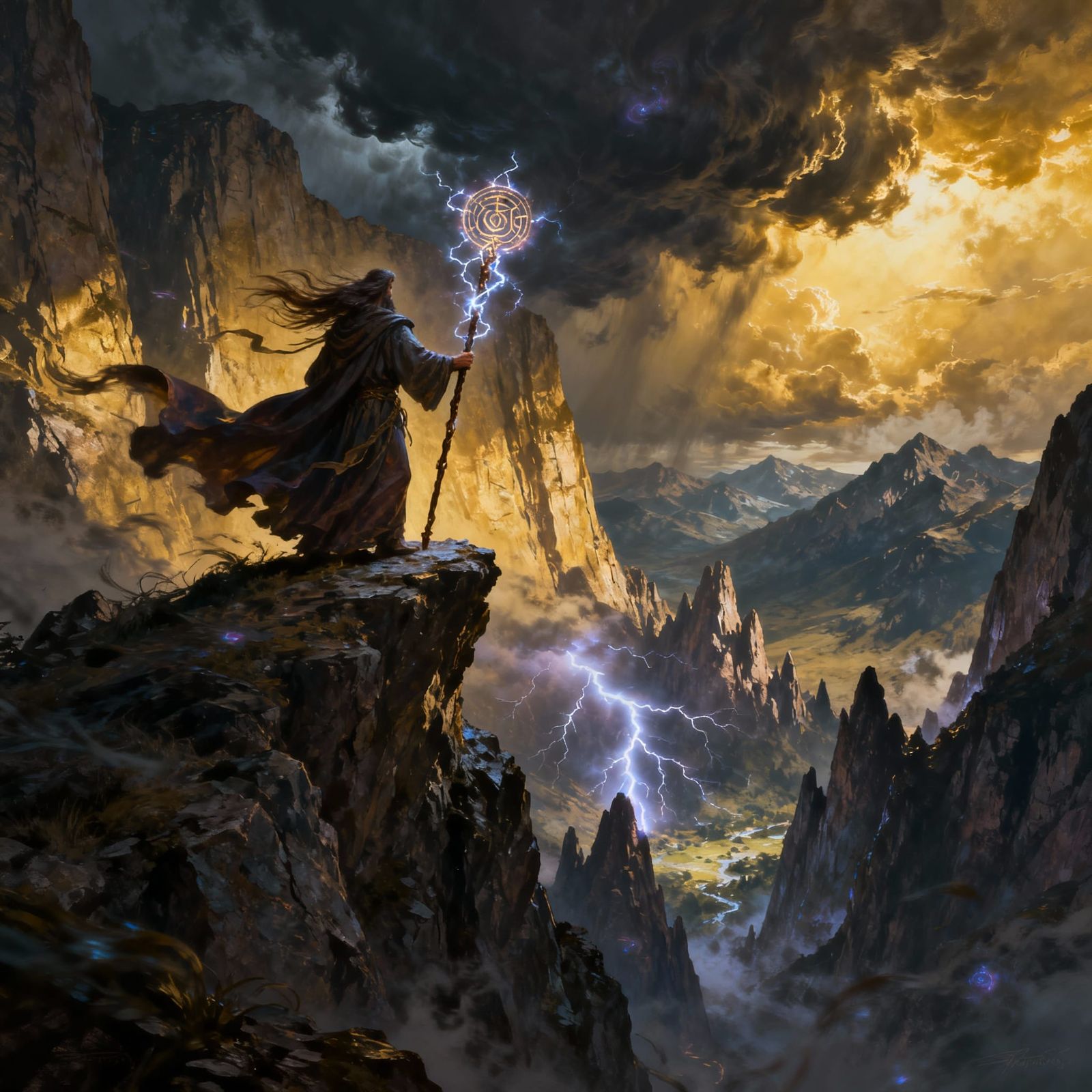 Epic Fantasy Mage Conjures Storm on Mountain Peak