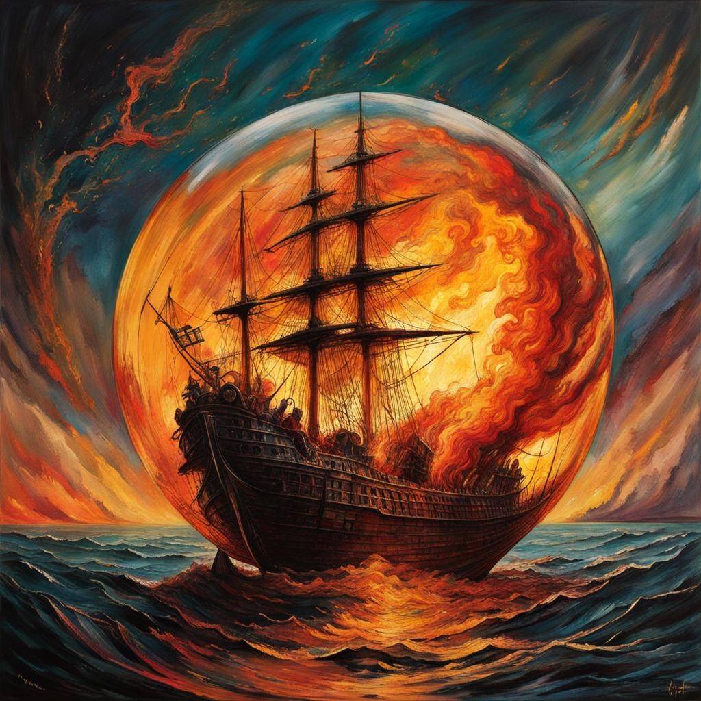 clear glass globe with a  ship on fire