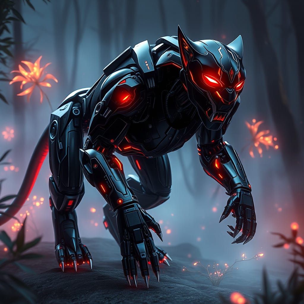 Cyberpunk Black Panther Robot in Metallic Armor