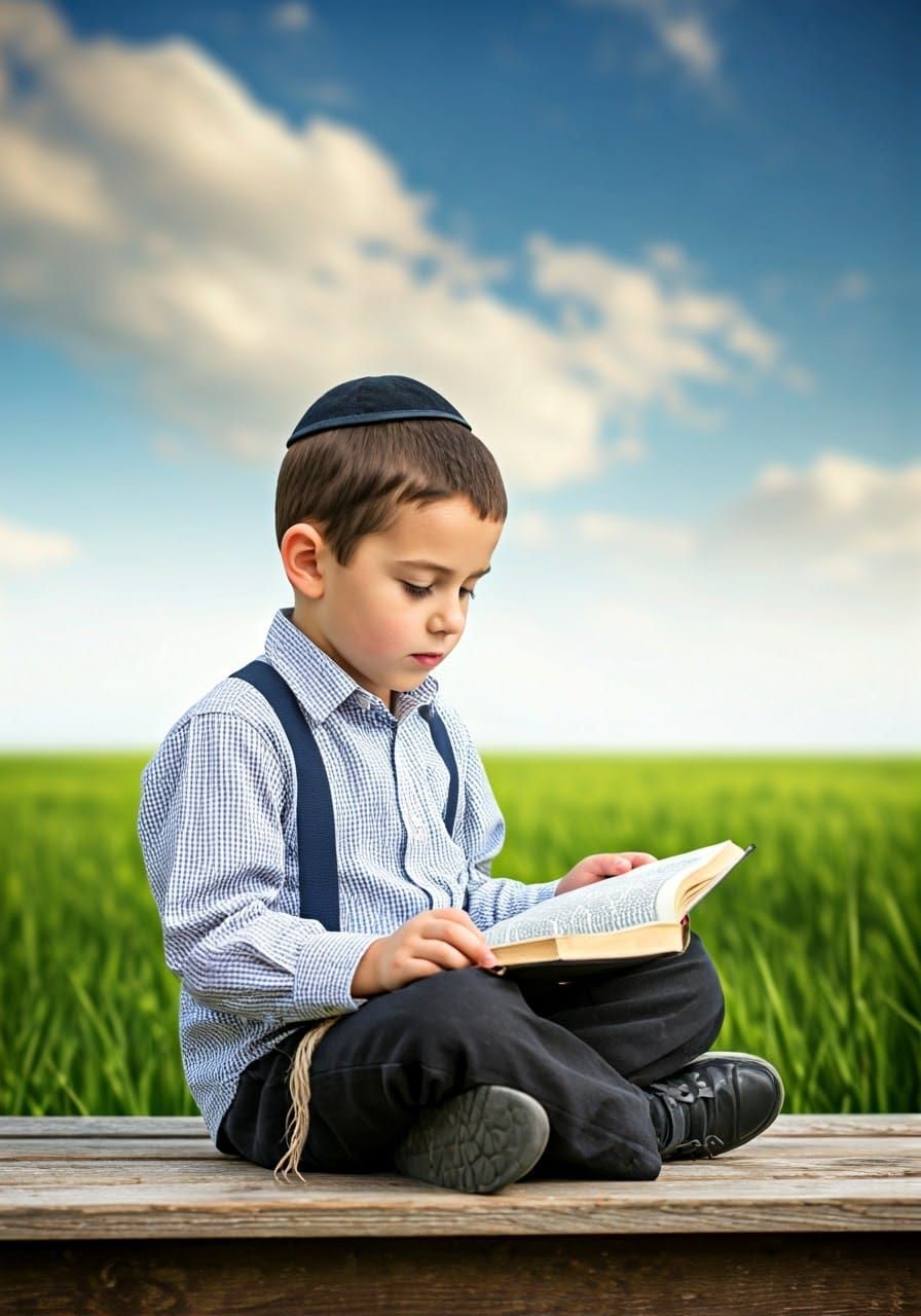 Boy Reads Book in Meadow, Evocative Portrait
