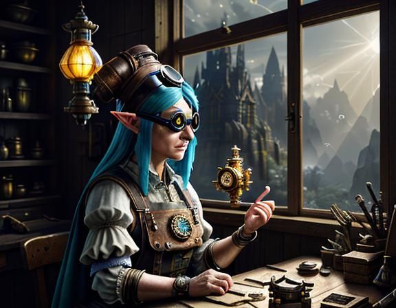 Gnome Repairs Automaton: 3D Steampunk Fantasy Art