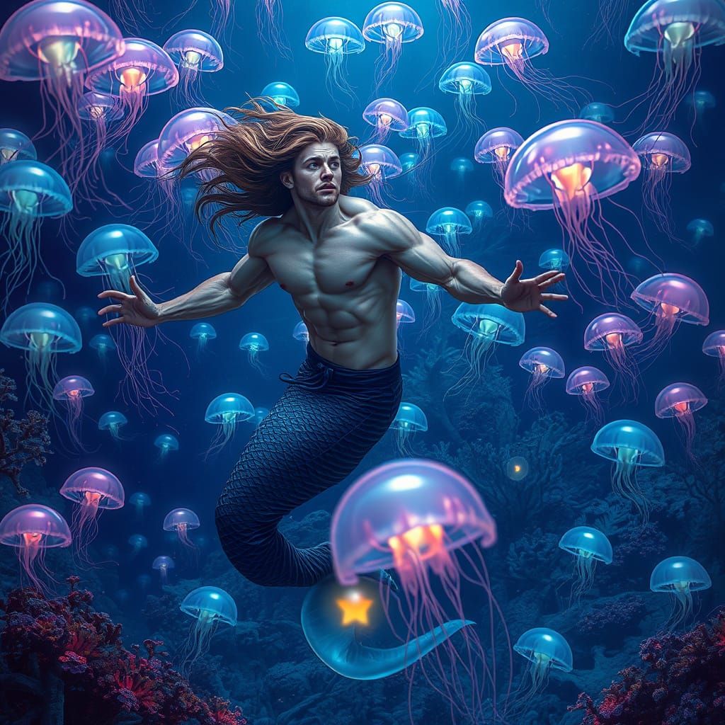 Merman in a Vibrant Coral Reef Scene