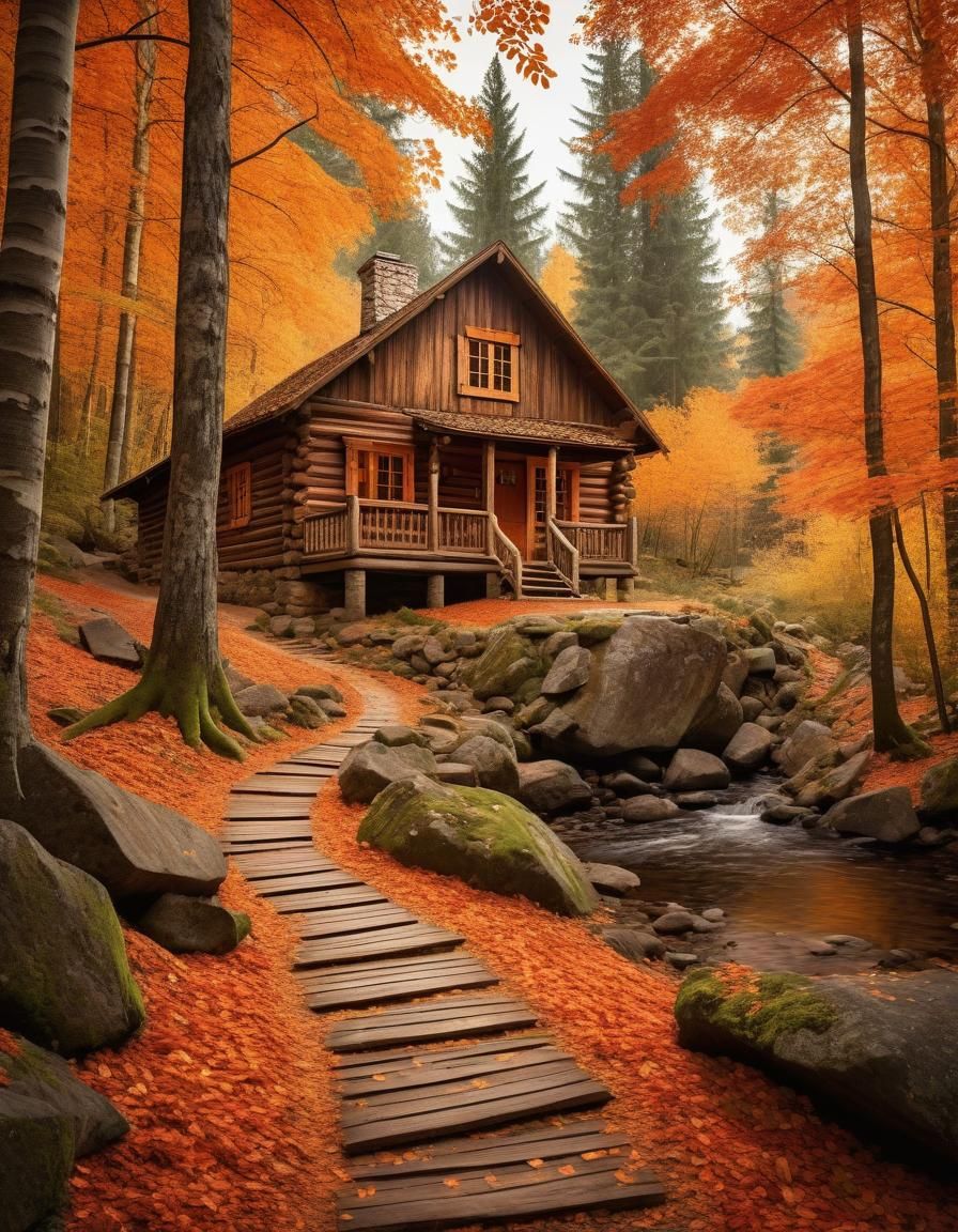 Picturesque Autumn Landscape with Rustic Cabin