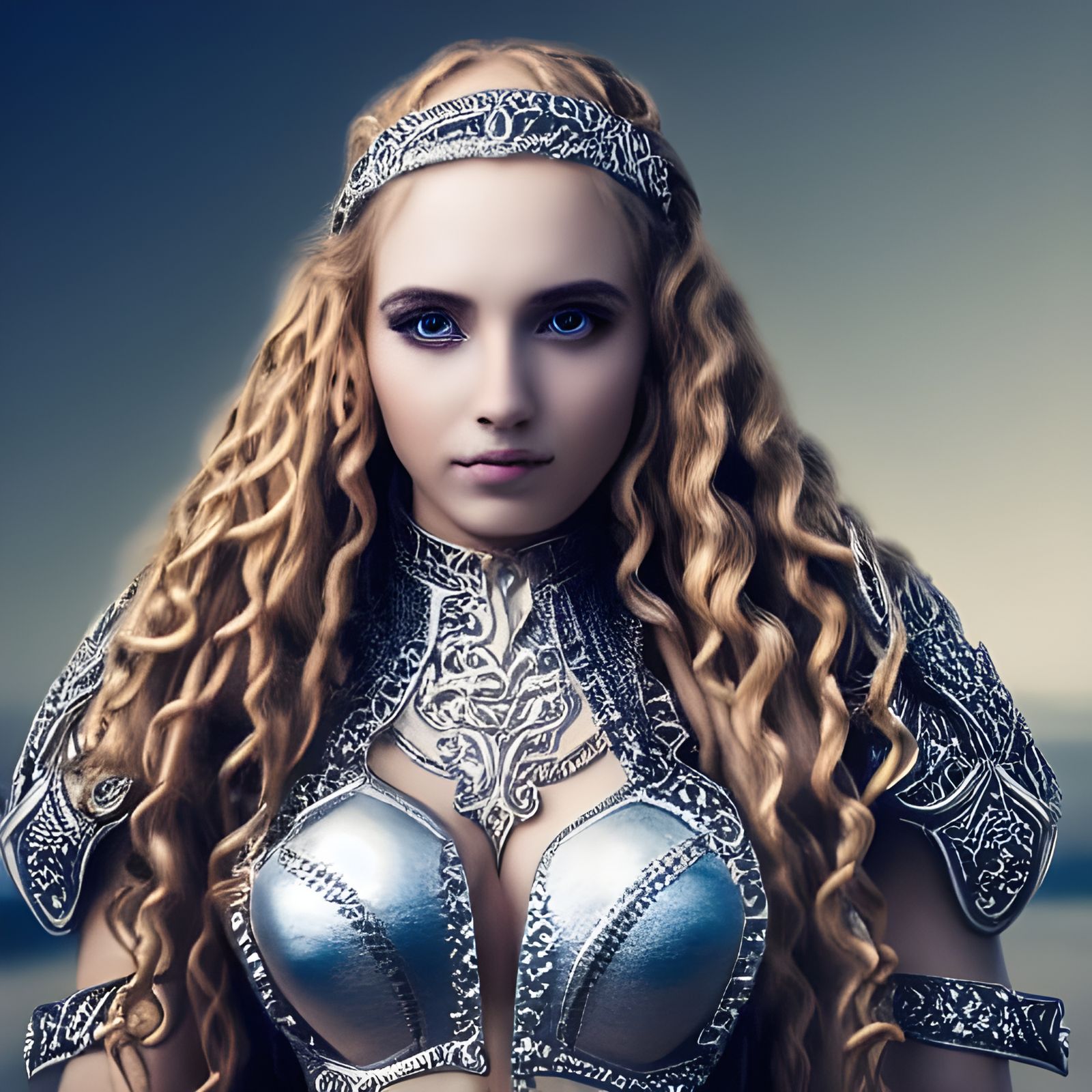 Muscular Goddess in Silver Armor, Detailed Portrait