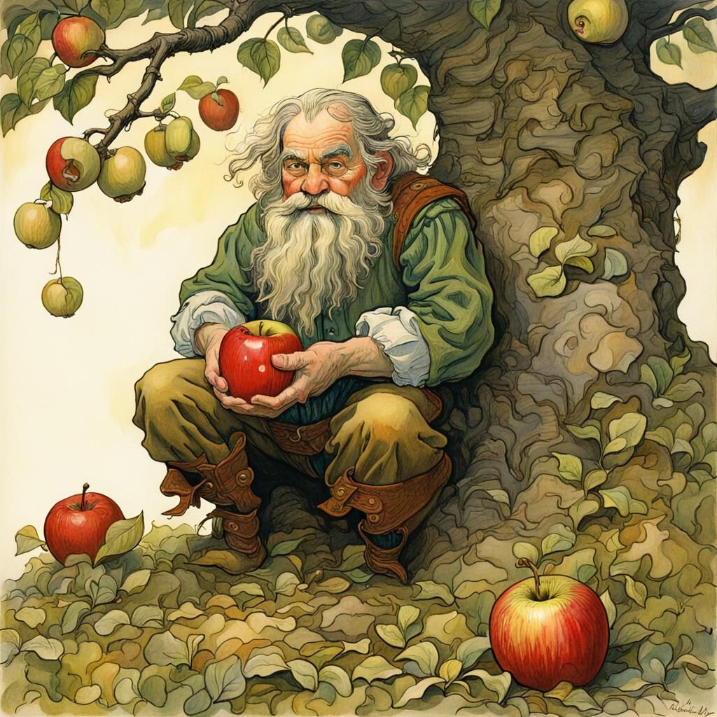 Charming Dwarf and Apple Tree Children's Illustration