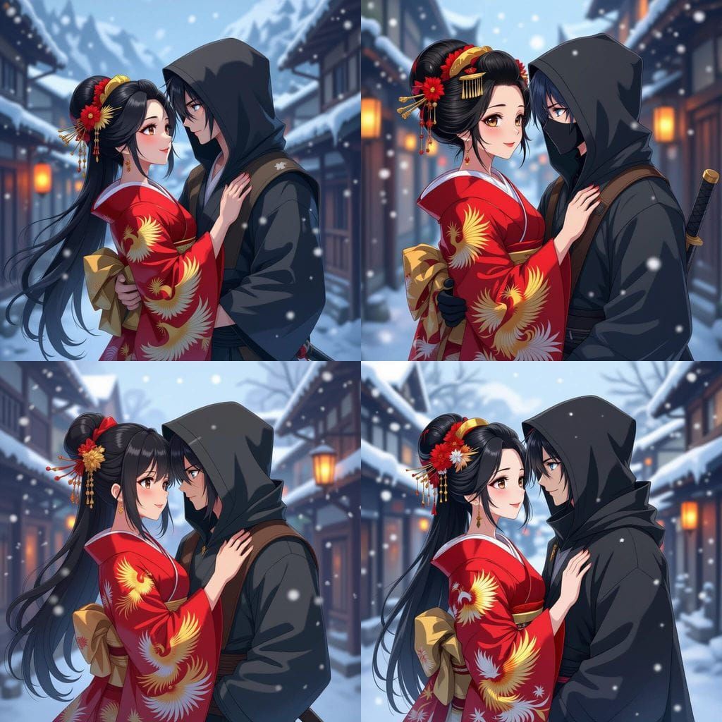 Geisha and Ninja Kissing in Snowfall