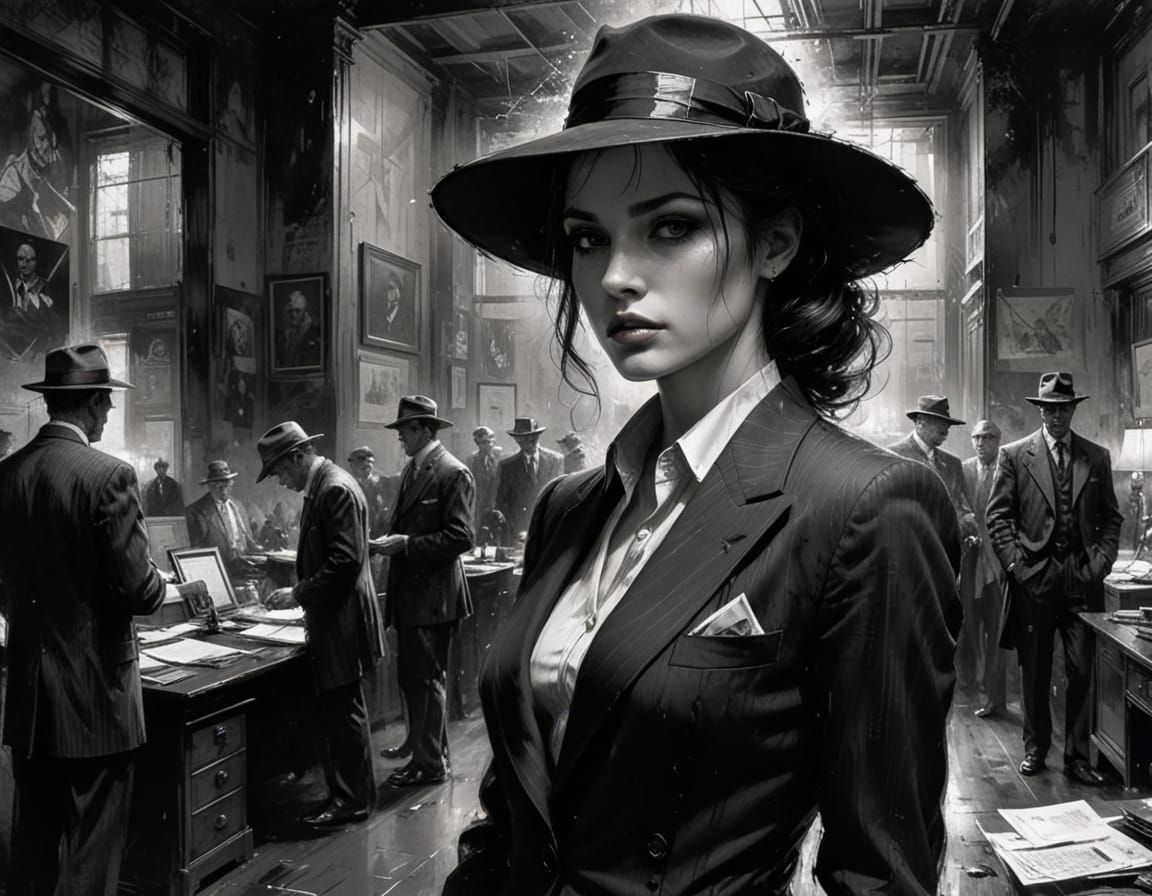 Film Noir Detective Illustration in Black and White