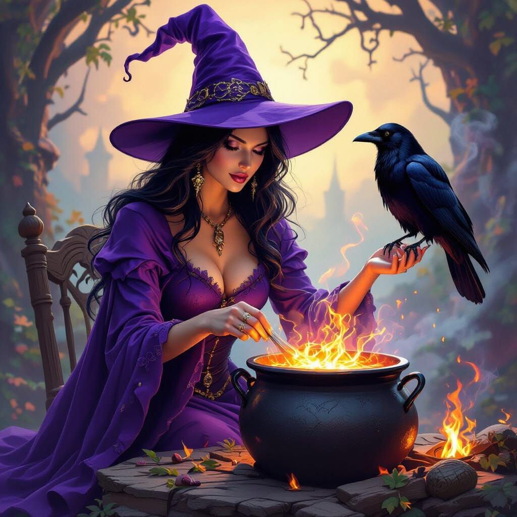 Mystical Witch Stirs Cauldron With Watchful Crow Nearby