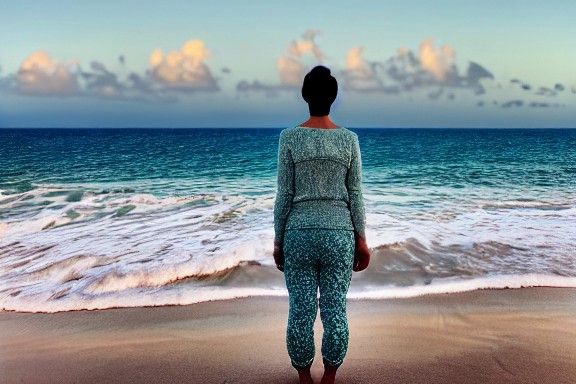 Woman Watching Sunrise on Beach in Hyperrealism