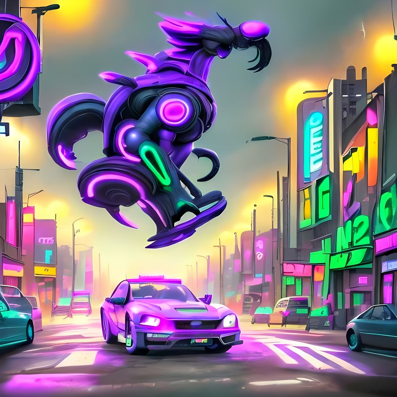 Hyperrealistic Neon Cityscape in Cyberpunk 2099 Style