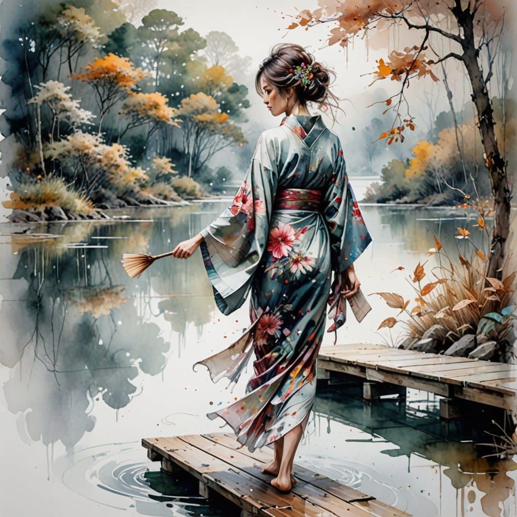 Japanese Woman in Kimono on Misty Lake, Watercolour