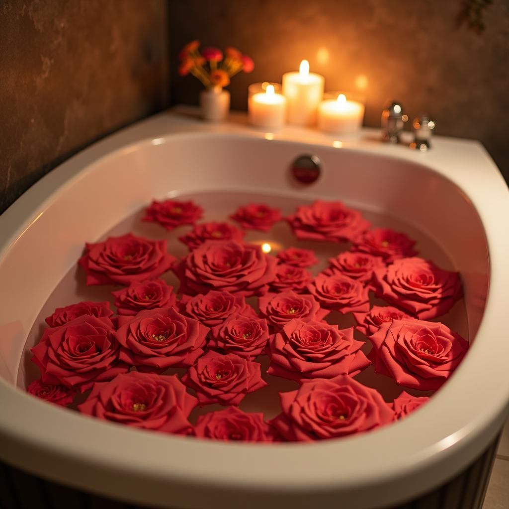 Red Roses in Candlelit Bath, Dreamy Digital Art