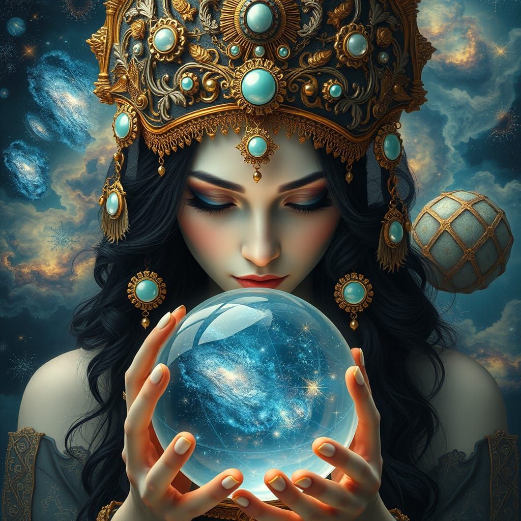 Ethereal Mystic Contemplates Celestial Visions in Crystal Ba...