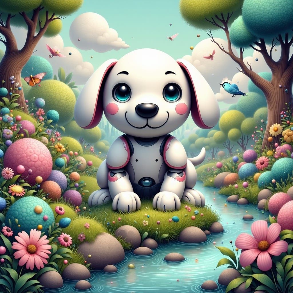 Endearing Robot Dog in Dreamy Futuristic Landscape