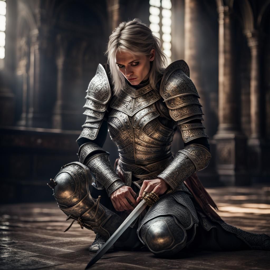 Female Battle Priest Praying in Armor, Hyperrealistic