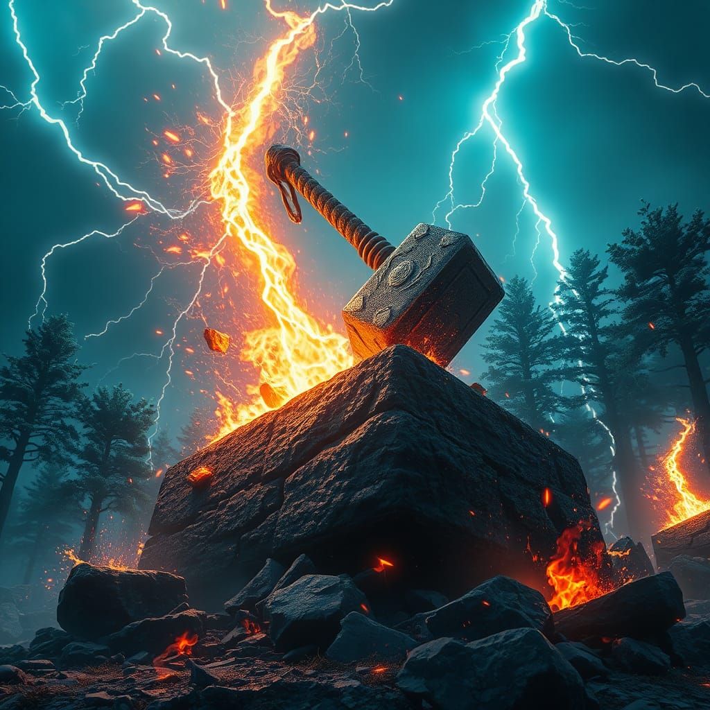 Thor's Hammer Strikes Stone in Lightning Storm