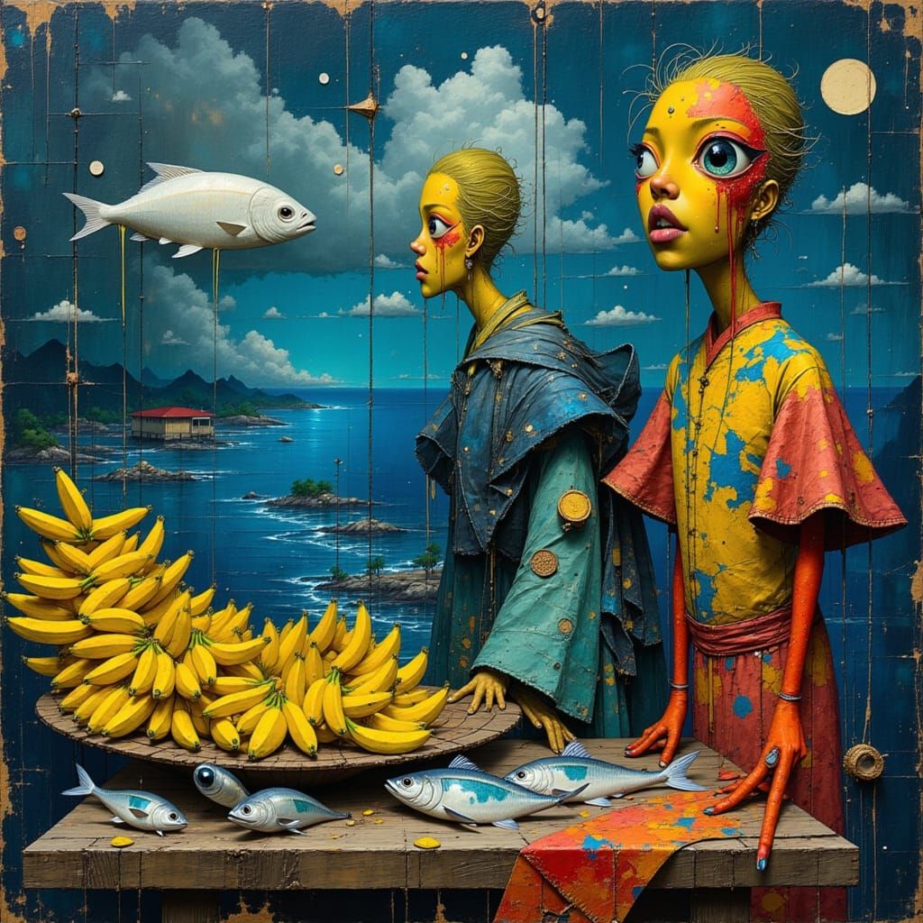 Surreal Asian Fish Market with Swirling Eyes