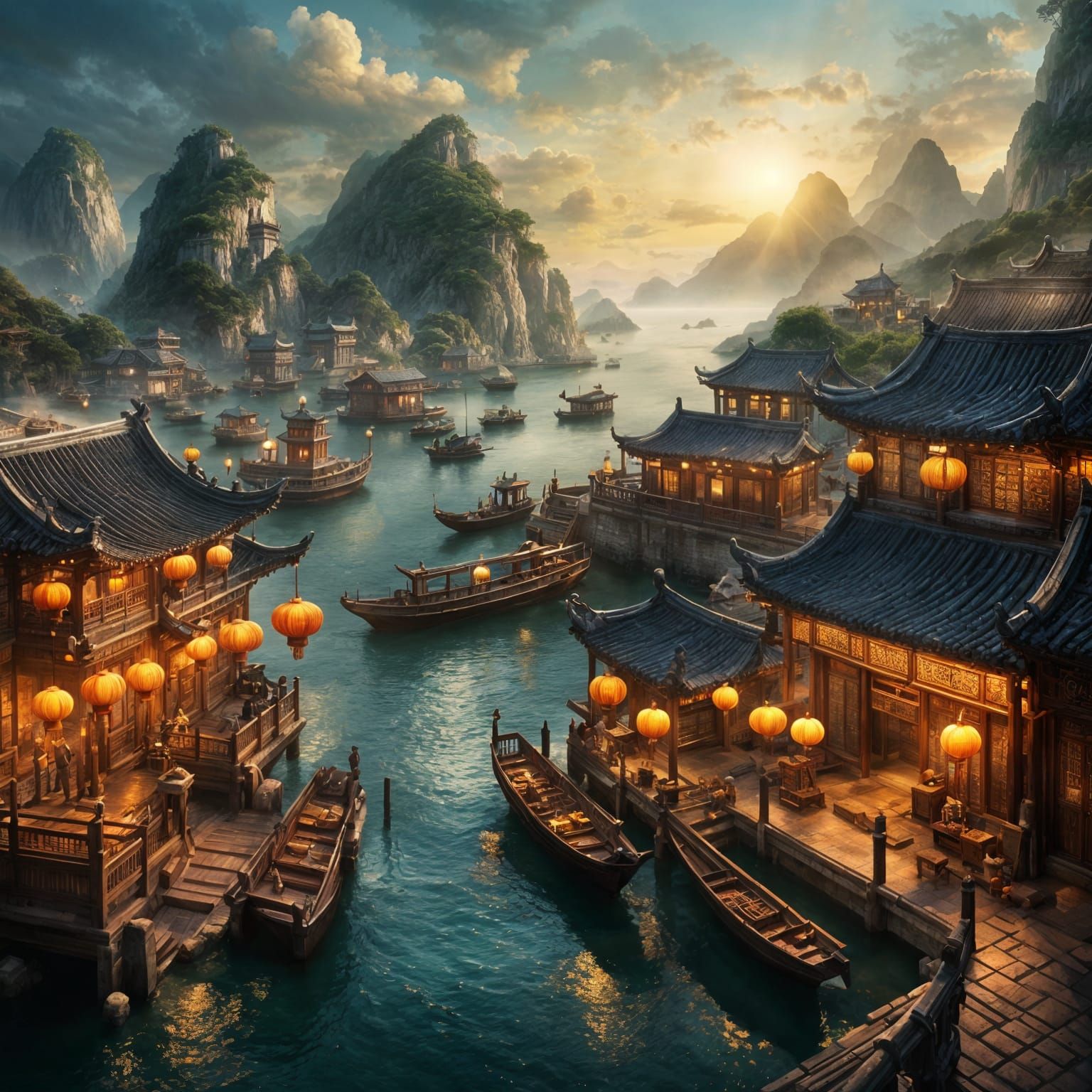 Picturesque Ancient Chinese Port Town: Digital Matte Paintin...