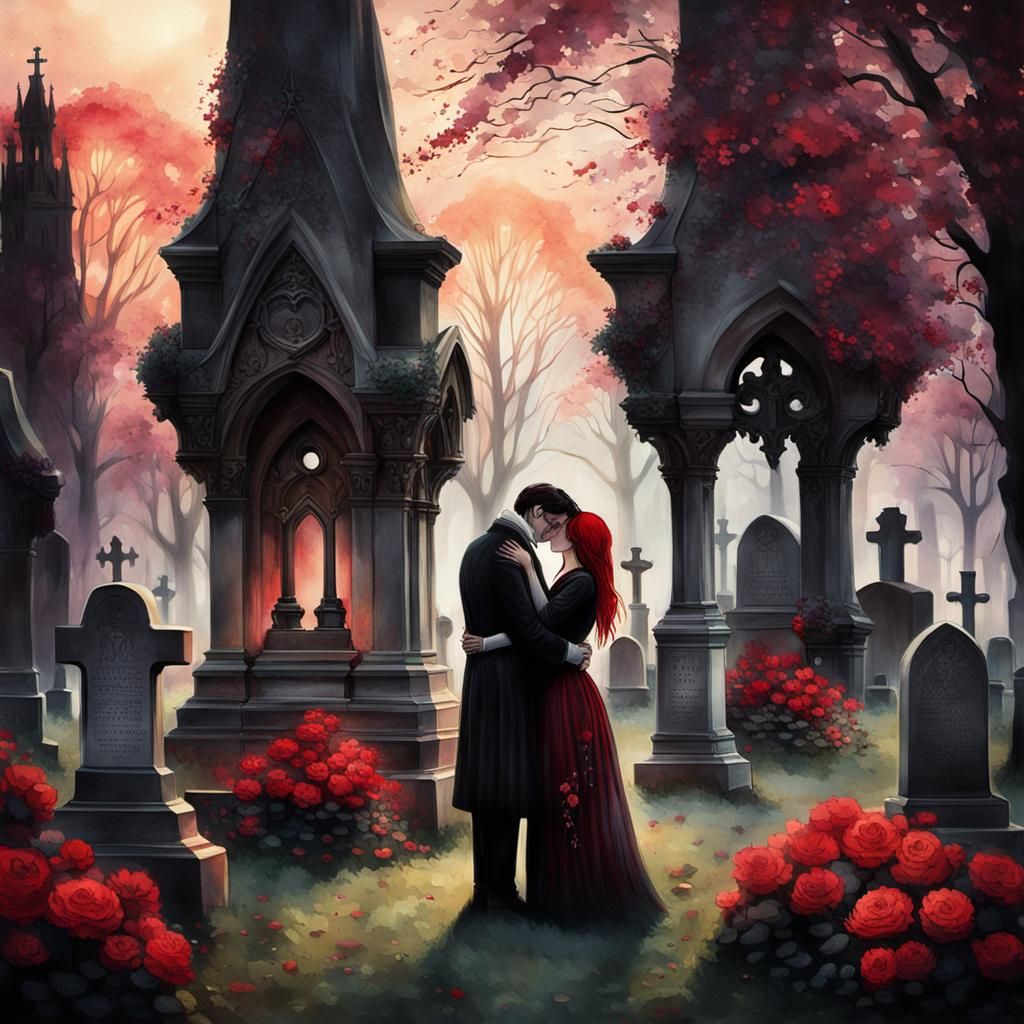 Gothic Romanticism: Couple's Embrace at Dusk