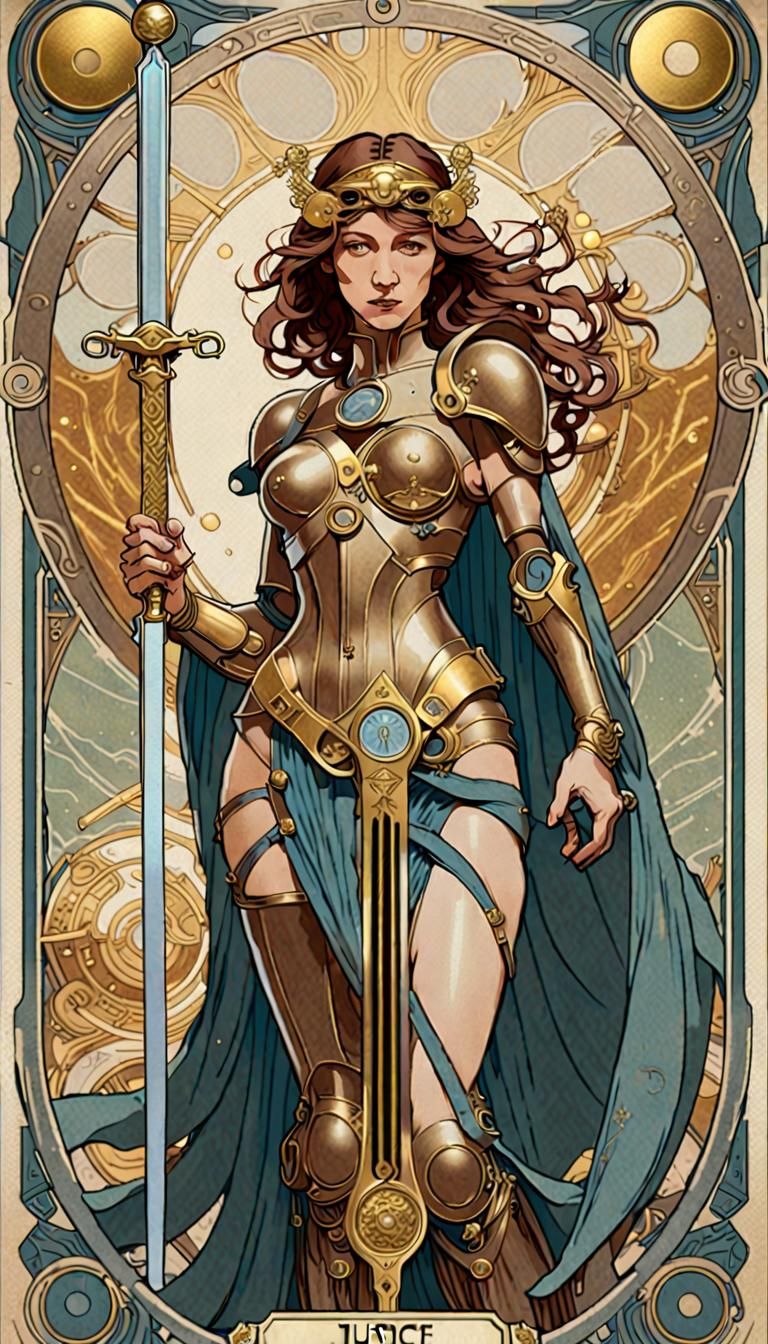 Art Nouveau Cybernetic Justice Tarot Card