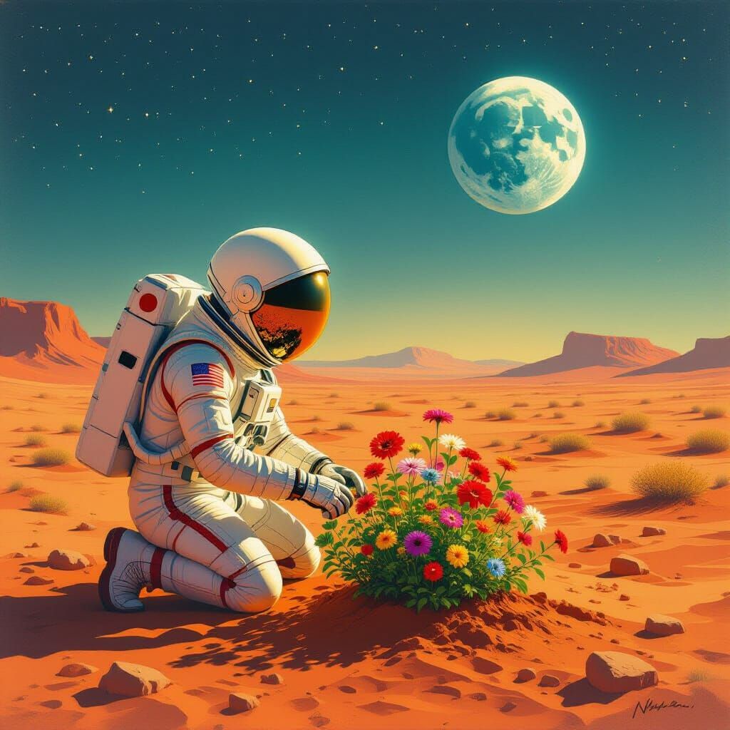Astronaut Tends Vibrant Martian Garden Under Earthlight
